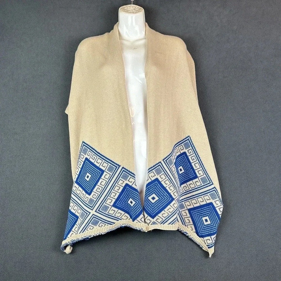 Mia Maddison Cardigan Sweater Shawl Poncho Rayon BeigeDiamond Geometric Fringe O - Picture 5 of 16